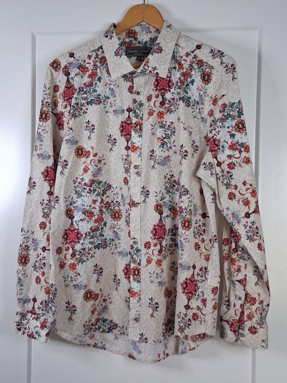 Paisley & Gray Slim Fit Button Up Shirt Long Sleeve Mens XXL Cream Boho Floral